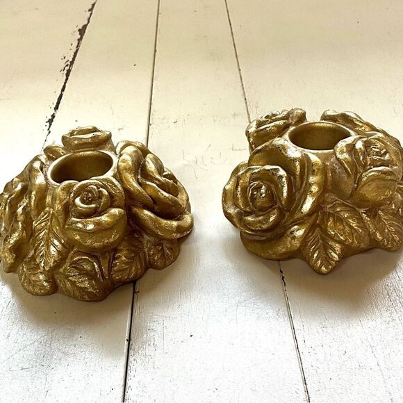 Vintage Resin Candlesticks Roses Gold - Picture 2 of 6